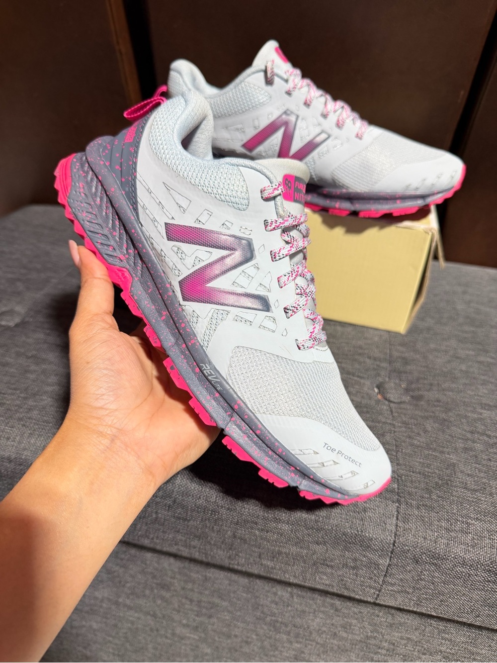 New Balance Women's Light Gray and Pink Trail Running Sneakers - Picture 3 of 10